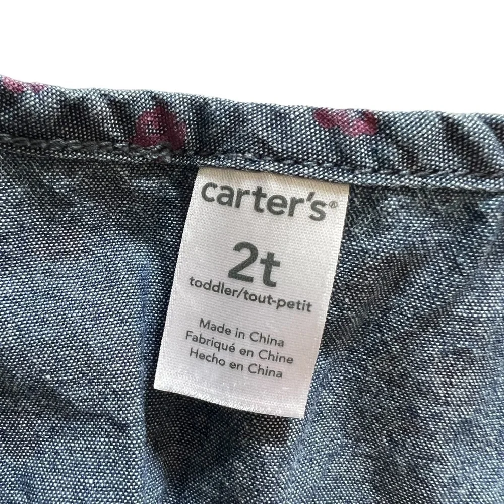 2T Carter’s denim cotton button down blouse w/ pink roses & 2 front pockets